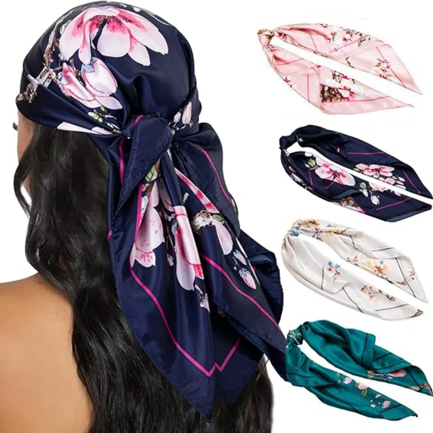 Women's Silky Satin Multifunction Hair Kerchief Set, 4Pcs 35in Square Bandanas, Large Sleeping Hair Scarves for Home Improvement Use