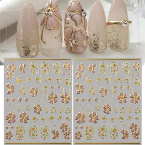 2 Sheets Gold Edge Flower Nail Stickers, Glitter Floral Tulip Rose Gold Leaf Nail Art Decals, Summer DIY Manicure Decorations, Elegant Rhinestone Decorated, Flower Design Nails