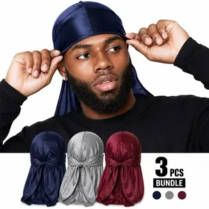 3PCS Silky Durag Bundle – Navy, Gray, Red / Black – Premium Wave Cap for Men – Breathable Hair Wrap for Waves, Braids & Dreads skull caps tiktokshopspringglowup