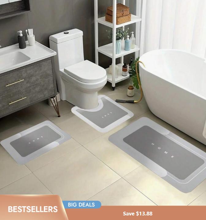 3-Piece HOME Design Bathroom Mat Set, Super Absorbent Microfiber Bath Rugs, Non-Slip Machine Washable U-Shaped Contour & Rectangular Floor Mats For Shower, Toilet, Hotel & Dorm
