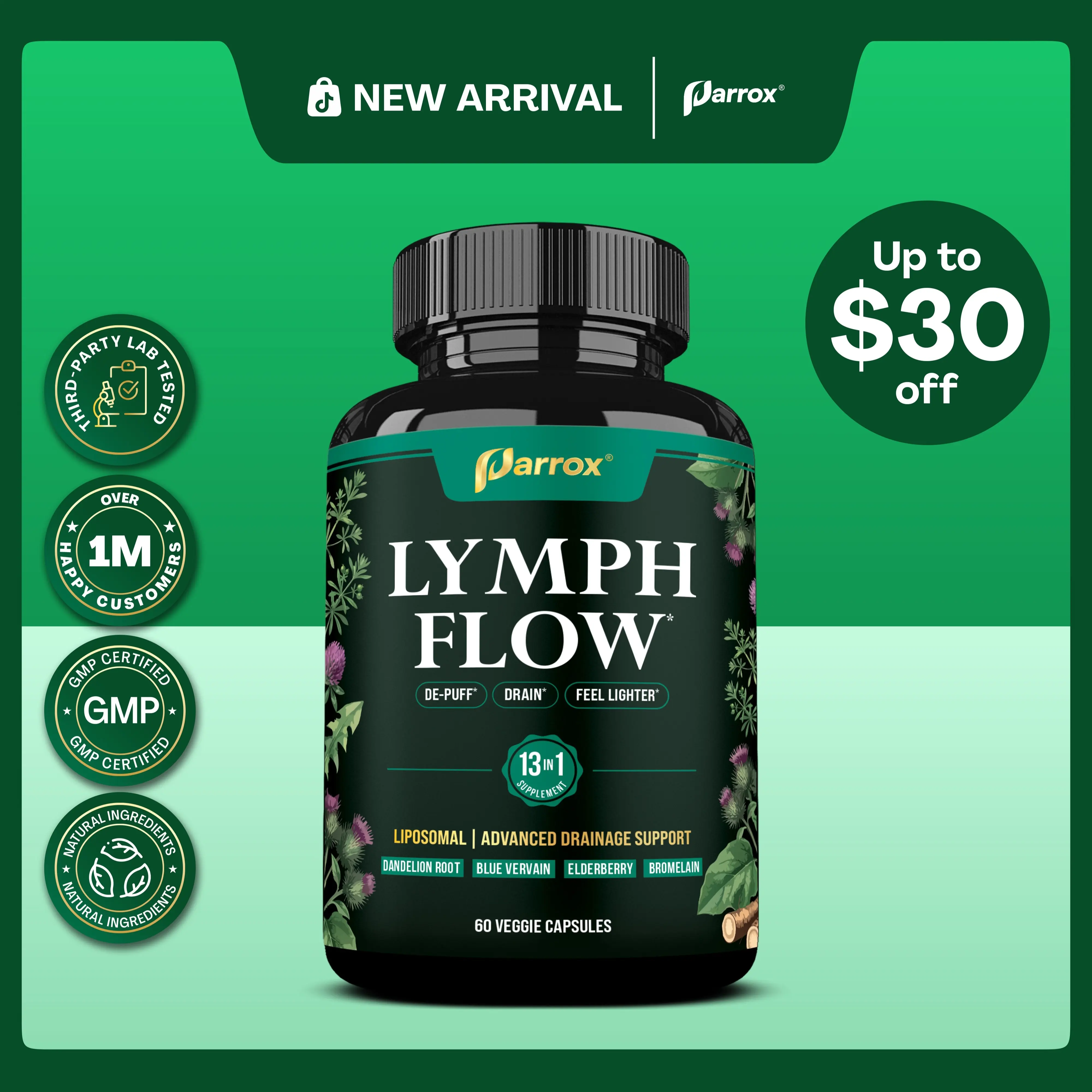 Parrox Lymph Flow - 13 in 1 Support for De-Puff, Drain, Lighter Feel - Liposomal Lymphatic Drainage Supplement - (60 Veggie Capsules)