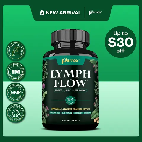 Parrox Lymph Flow - 13 in 1 Support for De-Puff, Drain, Lighter Feel - Liposomal Lymphatic Drainage Supplement - (60 Veggie Capsules)