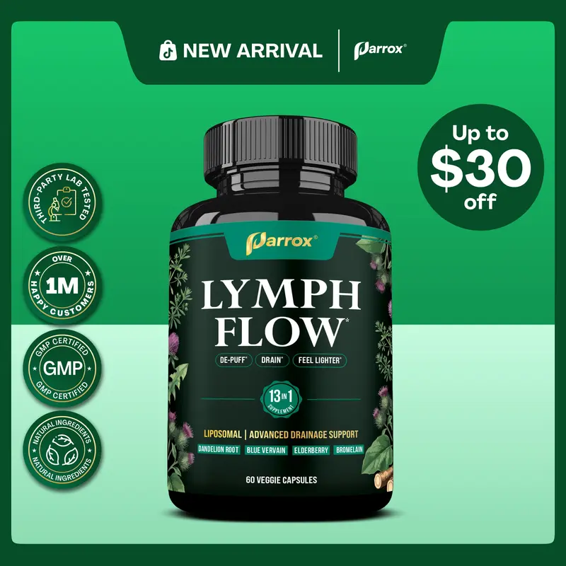 Parrox Lymph Flow - 13 in 1 Support for De-Puff, Drain, Lighter Feel - Liposomal Lymphatic Drainage Supplement - (60 Veggie Capsules)