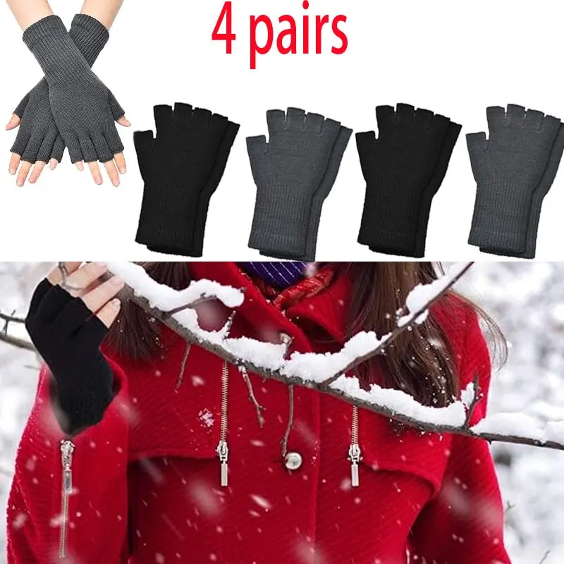Pack of 4 Fingerless Gloves Half Finger Mittens Winter Solid Color Typing Gloves for Cold Weather, Writing Gloves, Comfortable Fit
