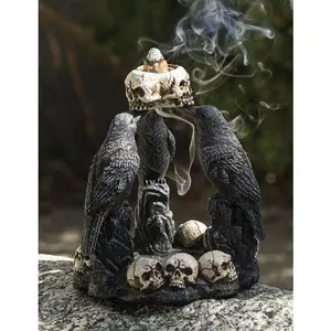 Gothic Wicca Quoth Trio Ravens Nevermore With Skulls Backflow Incense Burner