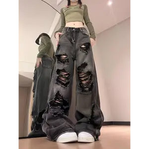 SexyWomenRippedJeansHighWaistFashionAmericanVintageStreetwearHarajukuY2KHipHopWideLegJeanFemaleDenimTrouserBaggyDenimPants