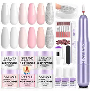SAVILAND Dip Powder Nail Kit with Drill: 6 Color French Nail Art Perfect Beginners Set Features Pink Nude Glitter Clear Powder DIY Home Manicures