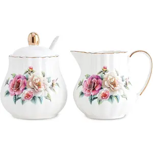 3 Piece Ceramic Sugar and Creamer Set with Cream Pitcher, Sugar Bowl and Spoon (Camellia)