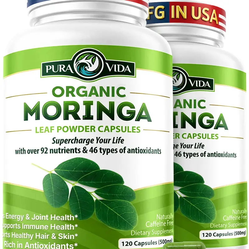 2-Pack Moringa Powder Capsules Organic - Pura Vida Moringa Leaf. Energy, Metabolism, & Immune Support. 120ct. 500mg Caps. Supplement Healthcare