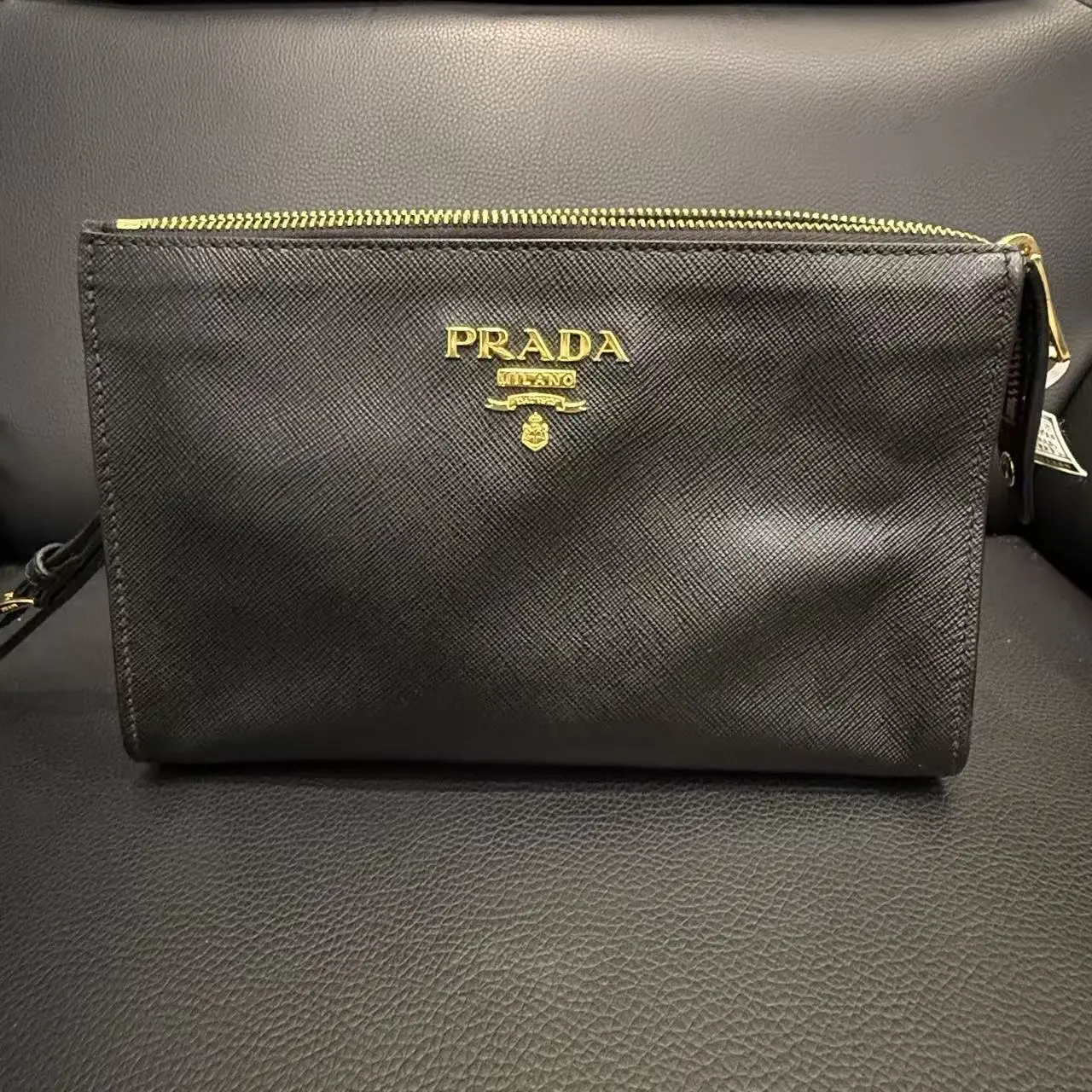 Pre-owned PRADA AS SHOWN Clutches & Wristlets Pre‑Loved Saffiano Leather Cosmetic Pouch Zip Wristlet Bag