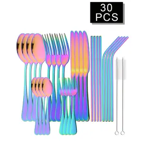 30-Piece Stainless Steel Cutlery Set, Dinnerware Service Set, Tableware Kit, Includes Knives Spoons Forks Cake Picks Coffee Stirrers Straws Brushes, Ideal for Home Parties Birthdays, Dinnerware Sets