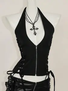 RINNECY Summer Y2K V Neck Going Out Concert Women's Concert Black Goth Sexy Grommet Solid Color Fashion Side Cross Strap Halter Tank Top, Summer