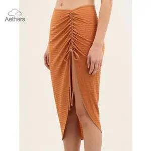 Aethera Women's Burnt Orange Textured Midi Skirt - Ruched High Waist Asymmetric Skirt | Versatile Beach Cover Up & Casual Wear