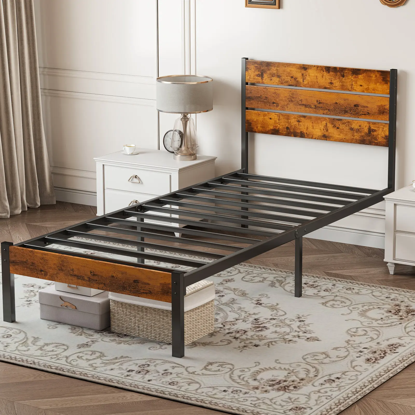 Twin Metal Platform  Frame - Mattress Foundation with Headboard and and Footboard, No Box Spring Needed with 800LBS Sturdy Wooden Slats Support new  bedframe floating  bed base metal base children  bed bed  frame heavy duty steel slat support