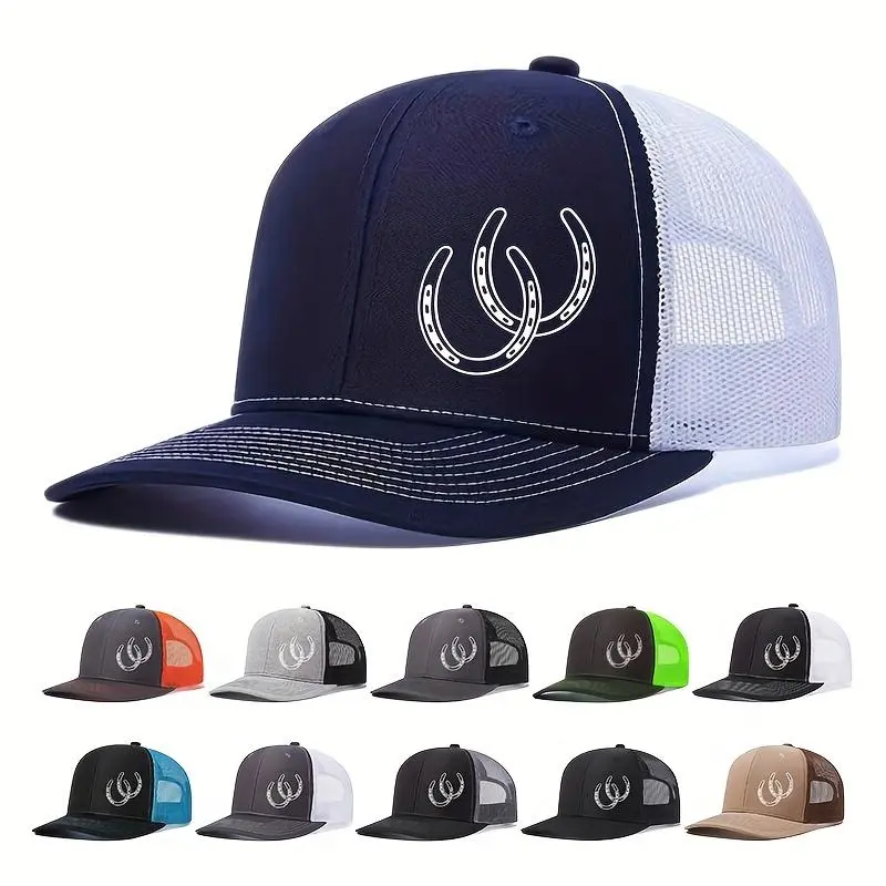 Unisex Western Horseshoe Trucker Hat - Customizable Mesh Back, Double Print, Lightweight Breathable Curved Brim, Adjustable Stylish Hat For Men, Warm Weather Casual Outdoor Streetwear, Mens Hats