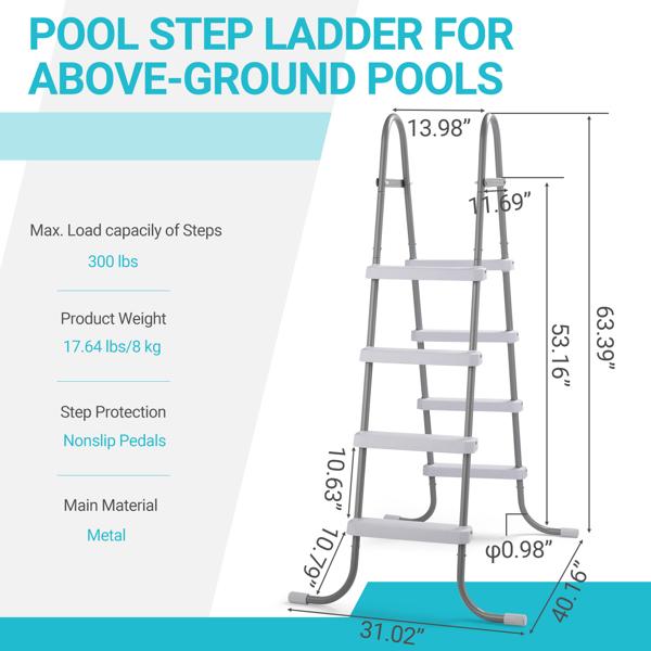 4-Step 52in Above Ground Pool Ladder - 300LB Capacity, Iron Grey Frame & White Steps, Fits Pools up to 52in