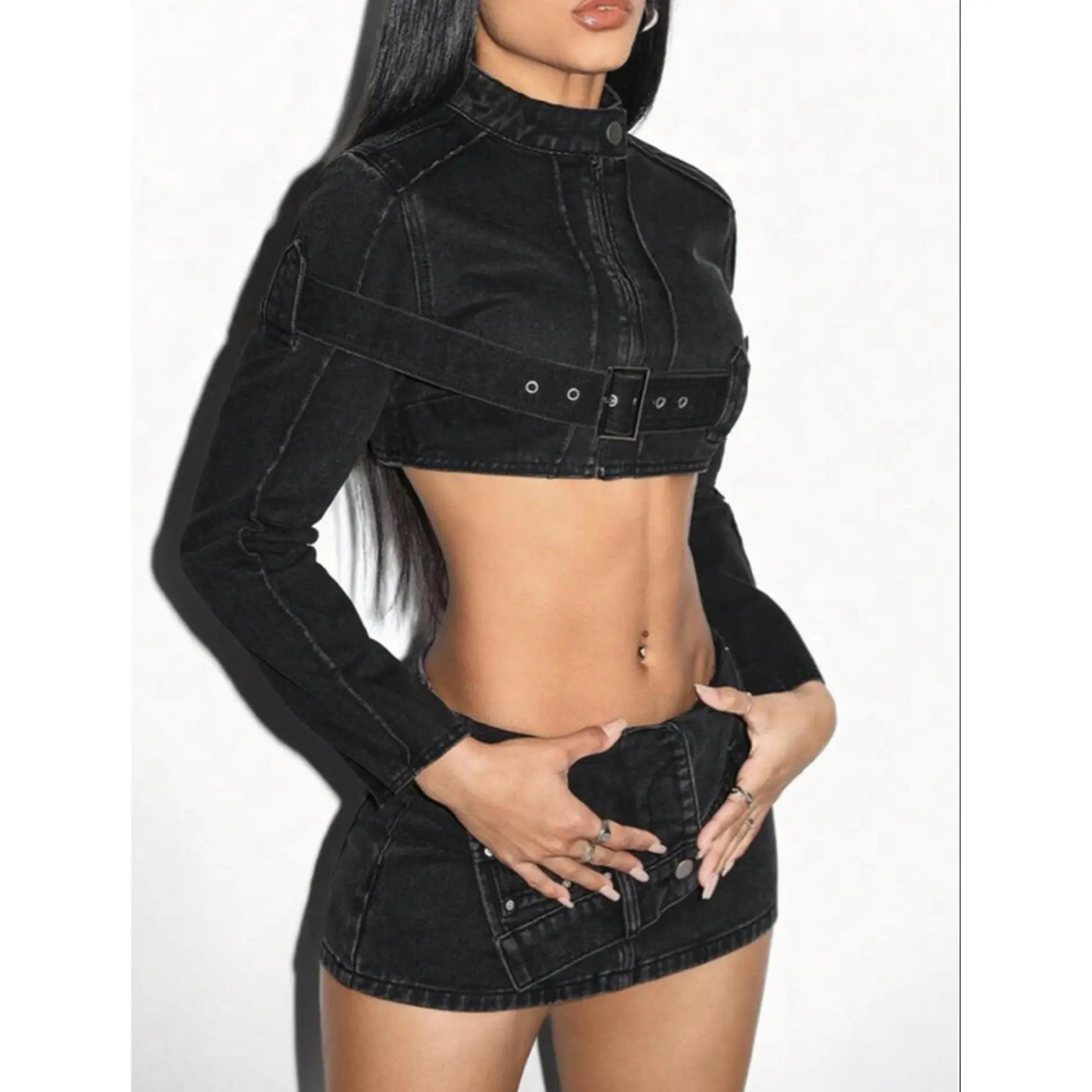 Women's Stand Collar Long Sleeve Zip Front Eyelet Button Design Cropped Denim Jacket and Skirt Set