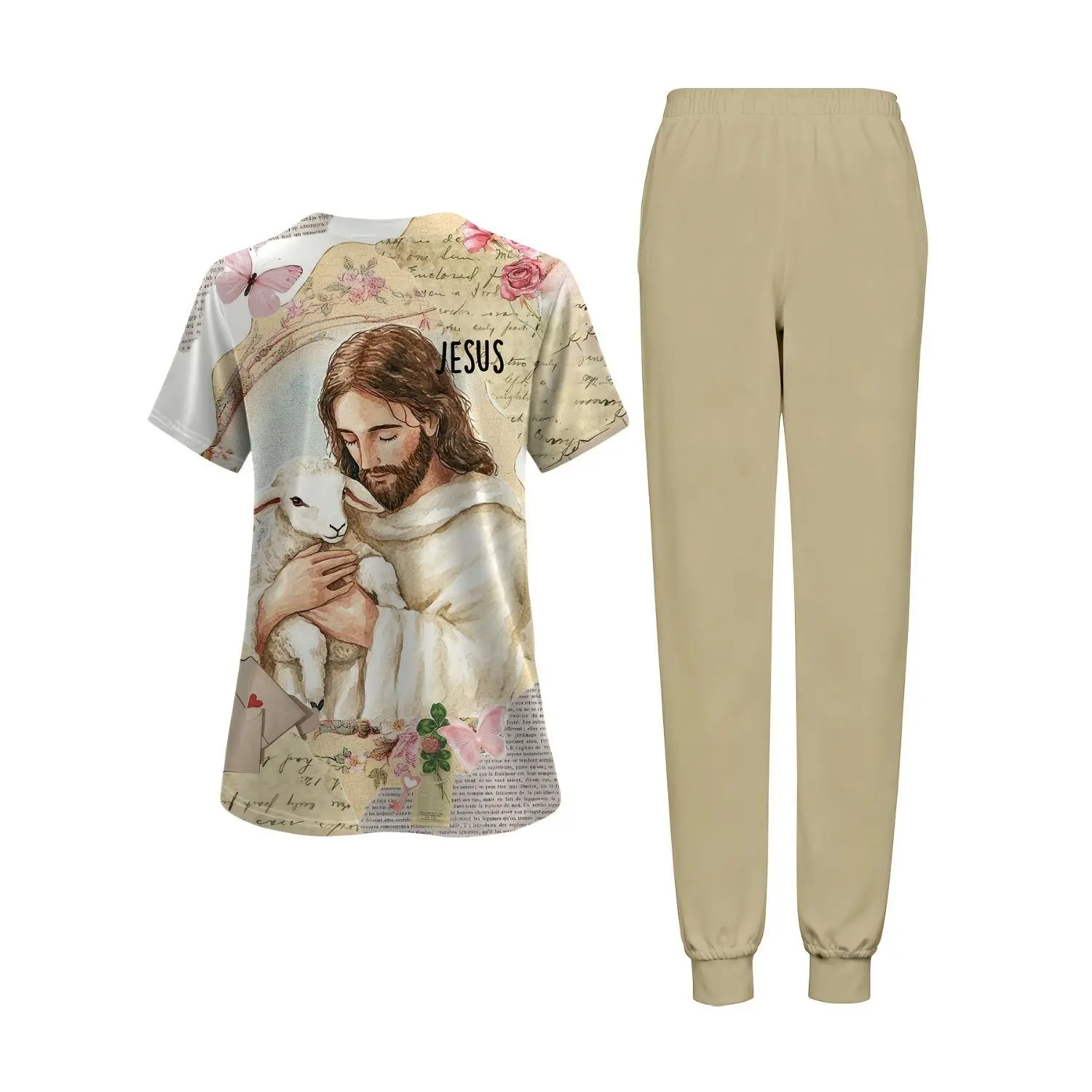 Women's Nursing Uniform Set - Lamb Print V-Neck Scrub Top and Pants with Pockets, Casual Easter Outfit, Comfortable Loose Fit Fashion Scrub Set