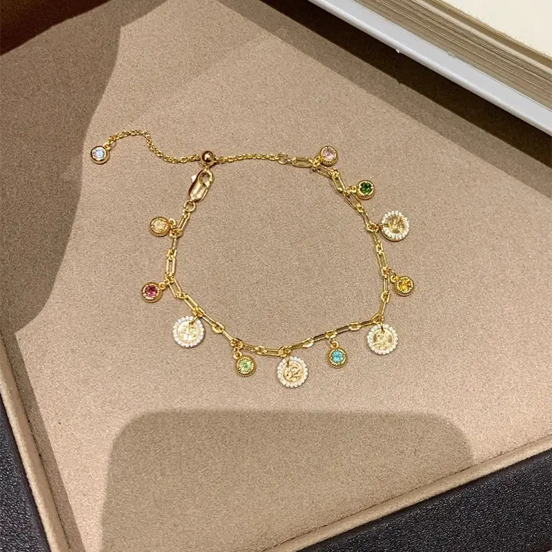 Gold Plated Vintage Charm Bracelet, Colorful Crystal Dangle