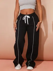 Women's Plus Size Summer Casual Striped Adjustable Drawstring Pants, Floral Pattern Flare Leg Long Trousers, Fitted Natural Waist Clothing