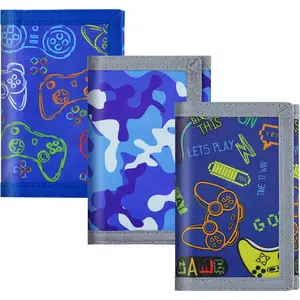 RFID Blocking Wallet,3 Packs Kids Wallet Bulk,Mini Trifold Coin Purse Cartoon Wallet,Front Pocket Wallet with Zipper for Kids,Canvas Outdoor Sports Wallets with Magic Sticker - Blue Game