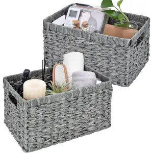 Wicker Baskets with Handles - Gray Storage Baskets (2-Pack) for Organizing Cabinet, Coffee Table