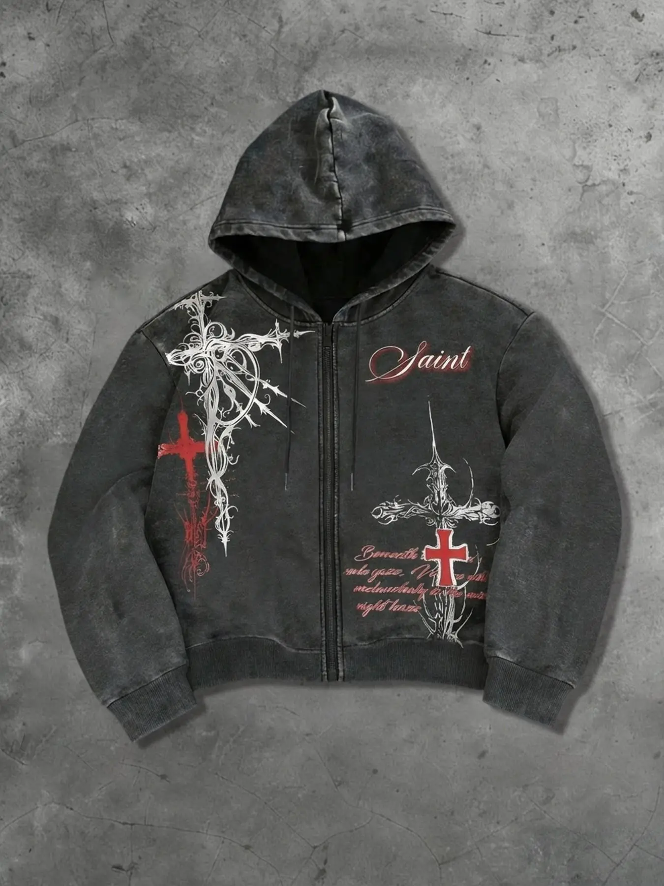 Men's Y2K Dark Aesthetic Saint Thorn Cross Zip Graphic Hoodie