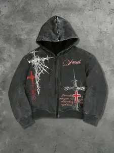 Men's Y2K Dark Aesthetic Saint Thorn Cross Zip Hoodie, Loose Vintage Jacket with Accents, Street Style, Spring & Fall