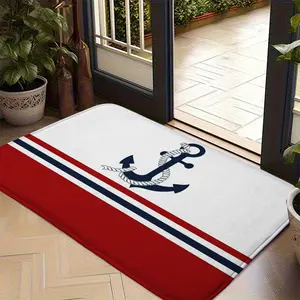 Nautical Anchor Bath Mat, Navy Blue Gold Striped Non-Slip Floor Rug, Decorative Marine Carpet for Bathroom Shower Decor, 1PC