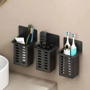 3 Counts,Black Toothpaste Holder and Toothbrush Holder Wall-mounted Hangable Storage Box for Bathroom Toiletries, Mobile Phone, Air Conditioner Remote Control Storage Box, Hanging Bracket, No Trace Installation,Family set