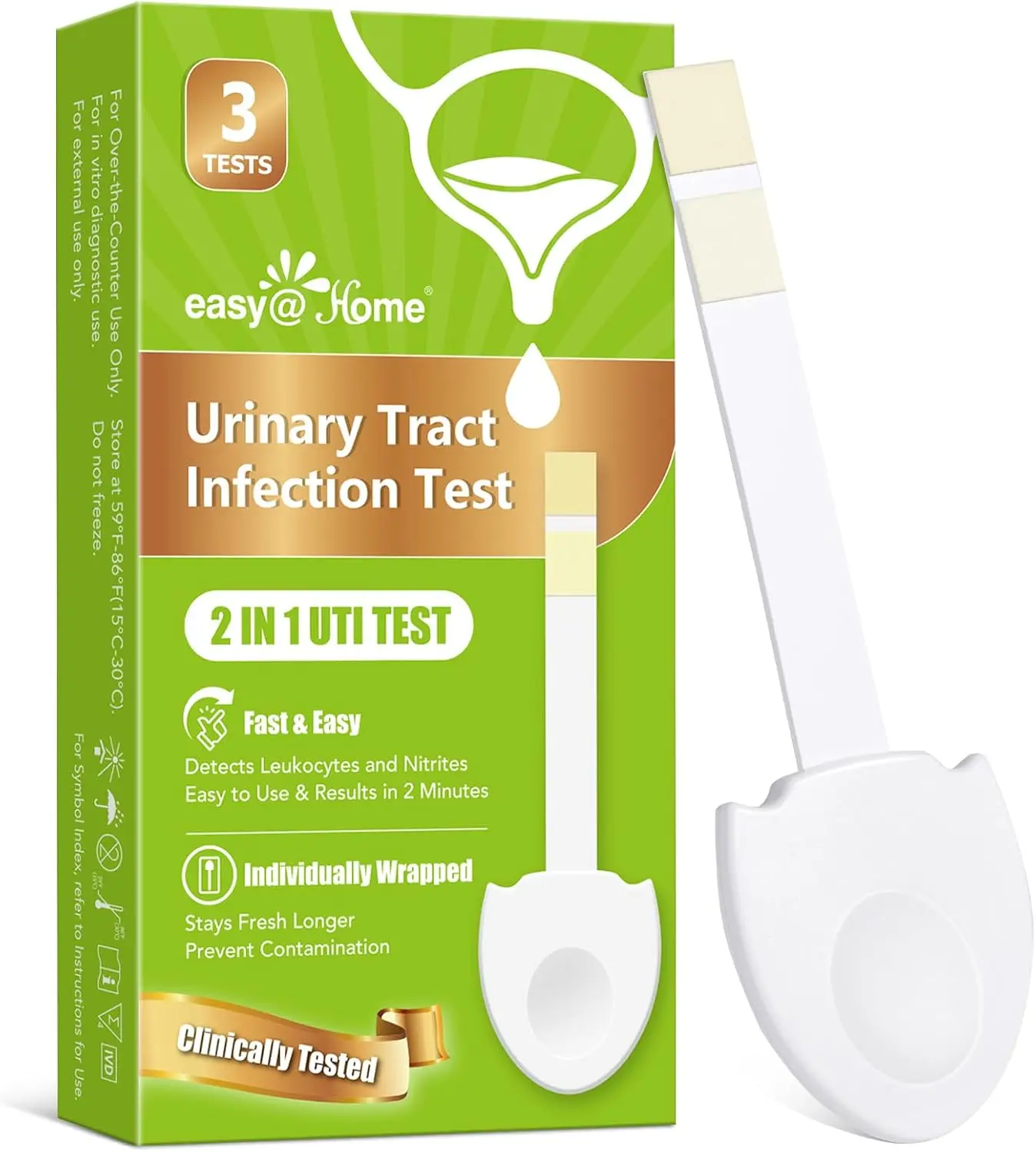 Easy@Home UTI Test Strips for Women Individually Wrapped Detects Leukocytes & Nitrite 3/4/6/9/12 Pack Options