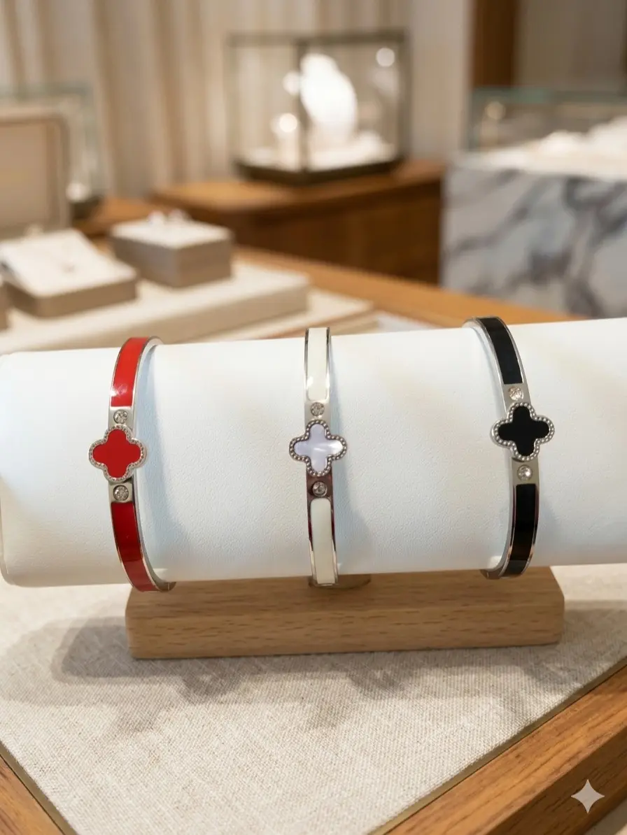 Minimalist Clover Stainless Steel Cuff Bracelet for Women | Enamel Open Bangle with Crystal Accent | Fashion Jewelry Gift