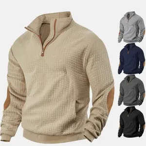Autumn Winter Men's Vintage Solid Color Stand Collar Jacquard Plaid Half Zip Long Sleeve Sweatshirt, Loose Casual Trendy Men's Top, Men's Everyday Wear, Soft Comfortable Warm Pocketed Long Sleeve Hoodless Sweatshirt