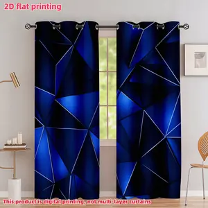 2D Flat 2Pcs Abstract Blue Geometric Pattern Curtains for Living Room Bedroom, Modern Style Perforated Design Semi-Shading Window Drapes, Anti-Privacy Home Decor Accessory .