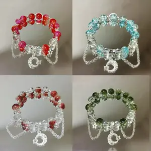 Moon Star Charm Beaded Bracelets for Women, Y2K Aesthetic Glitter Glass Bead Stackable Bracelet with Layered Chain, Cute Dainty Elastic Wrist Bracelet for Teen Girls, Fashion Jewelry Gift for Birthday Party