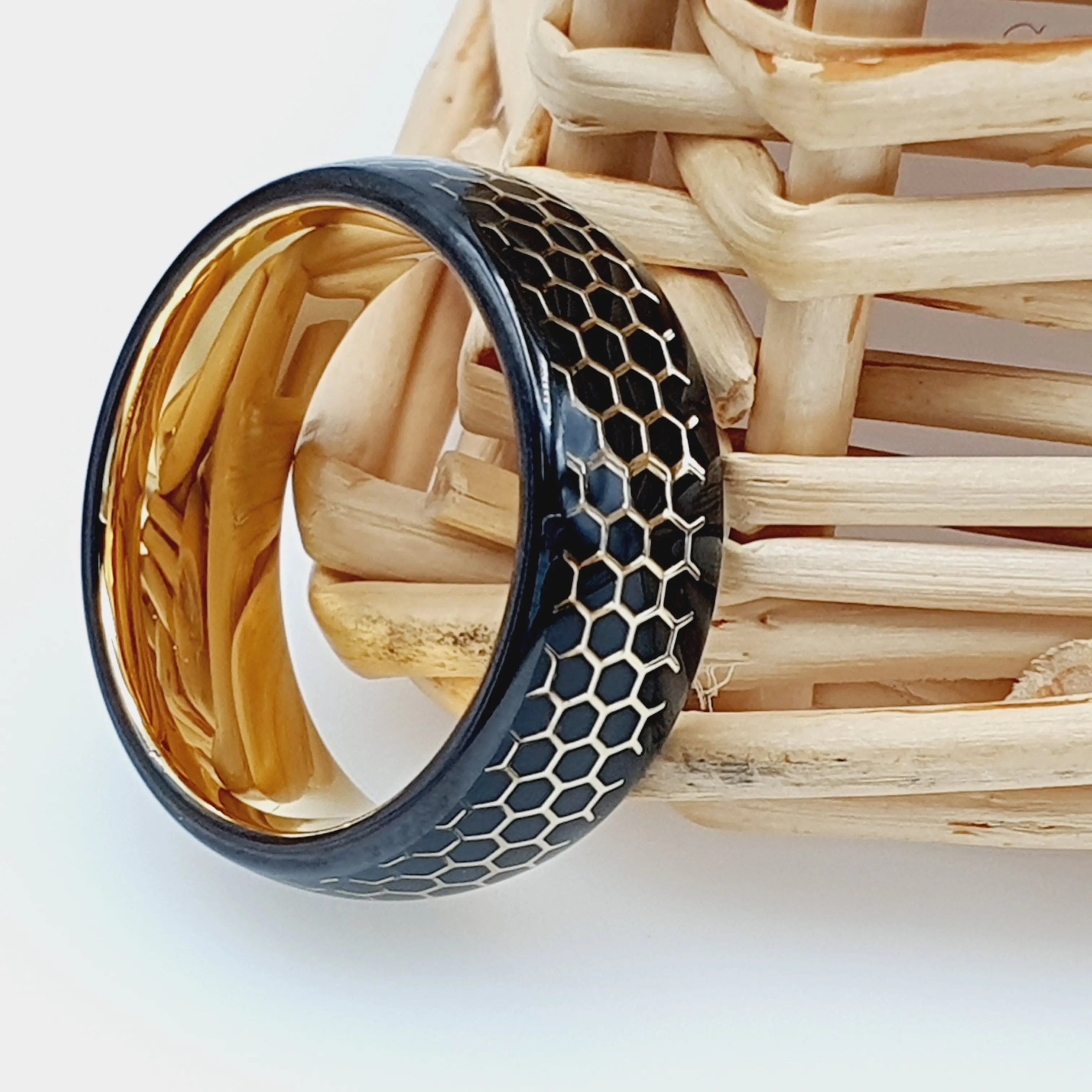 Yellow Gold Honeycomb Ring - Men's Wedding Tungsten Band - Women's Engagement Ring - Couple Ring