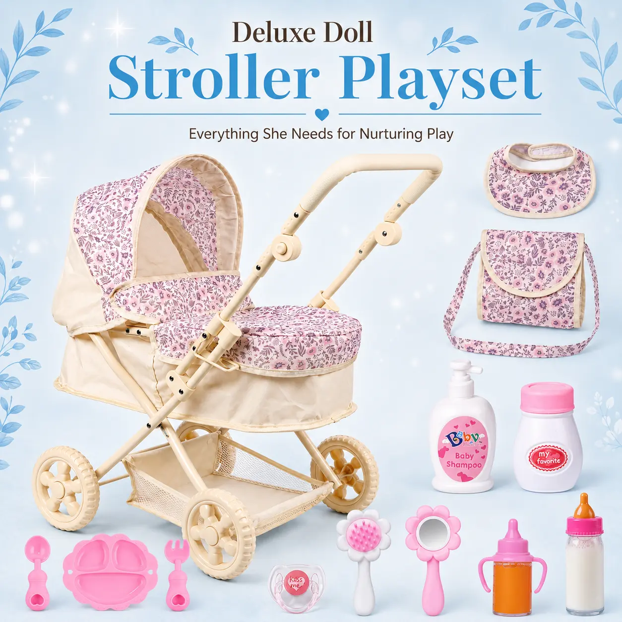 #backtoschool BABESIDE Baby Doll Stroller Accessories Set, Suitable for 17-20inch dolls, 14 Pcs Doll Stroller with Foldable Design, Baby Doll Accessories for Pretend Play, Feeding & Care Playset, Gift for kids Ages 3yrs+ (Doll Not Included）