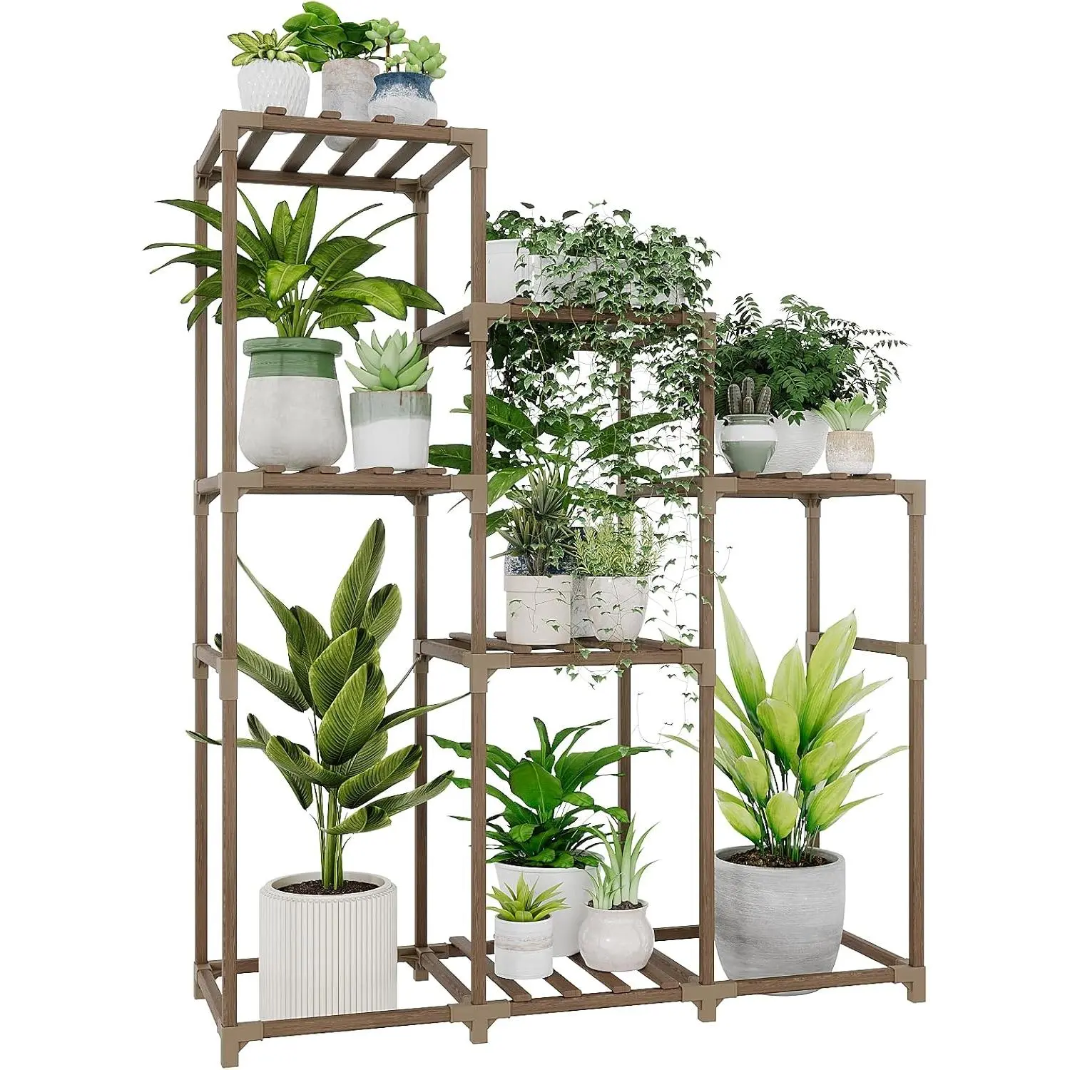 Decorative Ladder Plant Stand - 5-Tier, 7-Pot Freestanding Above-Ground Patio Rack, Large Stands for Container Gardening, Indoor-Outdoor Balcony Plant Display & Decorative Wooden Accessories, Multi-Level Vertical Accessories