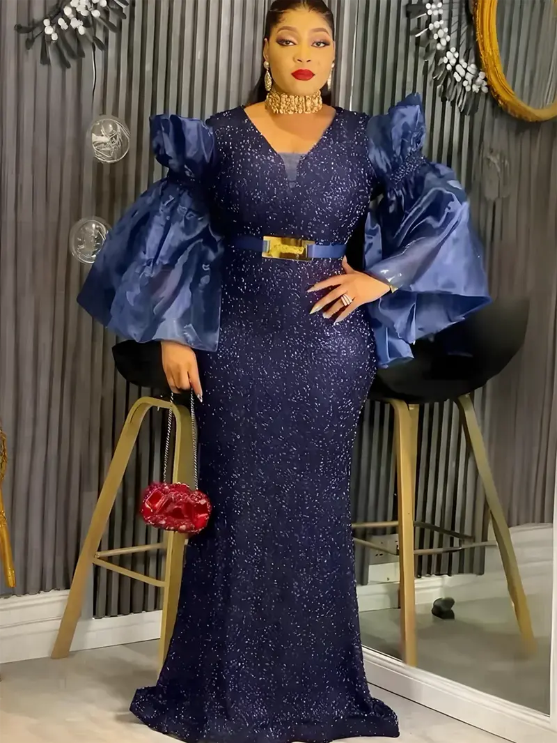 Maxy Plus Size Party Dresses for Women Dashiki Sequin Sexy Bodycon Long Dress Elegant Turkey Muslim Wedding Evening Gown