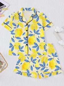 Lemon Leaf Print Pajama Set, Short Sleeve Cartoon Fitted Sleepwear, Cute Matching Two-Piece for All Seasons