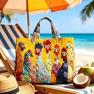 Women's Whimsical Farm Rooster Quilted Patchwork Tote Bag - Oversized Eco-Friendly Cotton Stitched Shoulder Handbag, Ideal for Shopping, Camping, Party Gift for Home & Festive Supplies