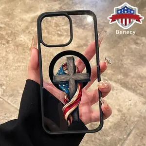 Magnetic Phone Case Supports Wireless Charging for iPhone 15 16 14 Pro Max 13 12 11 XR XS Plus E Flag-Cross Combination Pattern Non-Yellowing Shockproof Soft Silicone Transparent Acrylic Cover