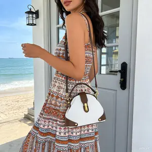 Crossbody Bag Korean Style Fashion Retro Handbag Single Shoulder Cowhide Leather Colorblock Design Versatile Usage Buckle Feature Pebbled Round Bag For Women