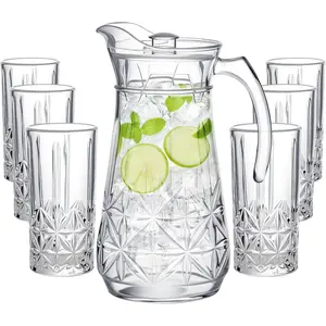 7 Pcs Glasses Pitcher Drinkware Set 54oz Pitcher Carafe and 6 Tall Drinking Beverage Set, Jug with Lid and Spout for Juice, Iced Tea or Water(Crystle Style)