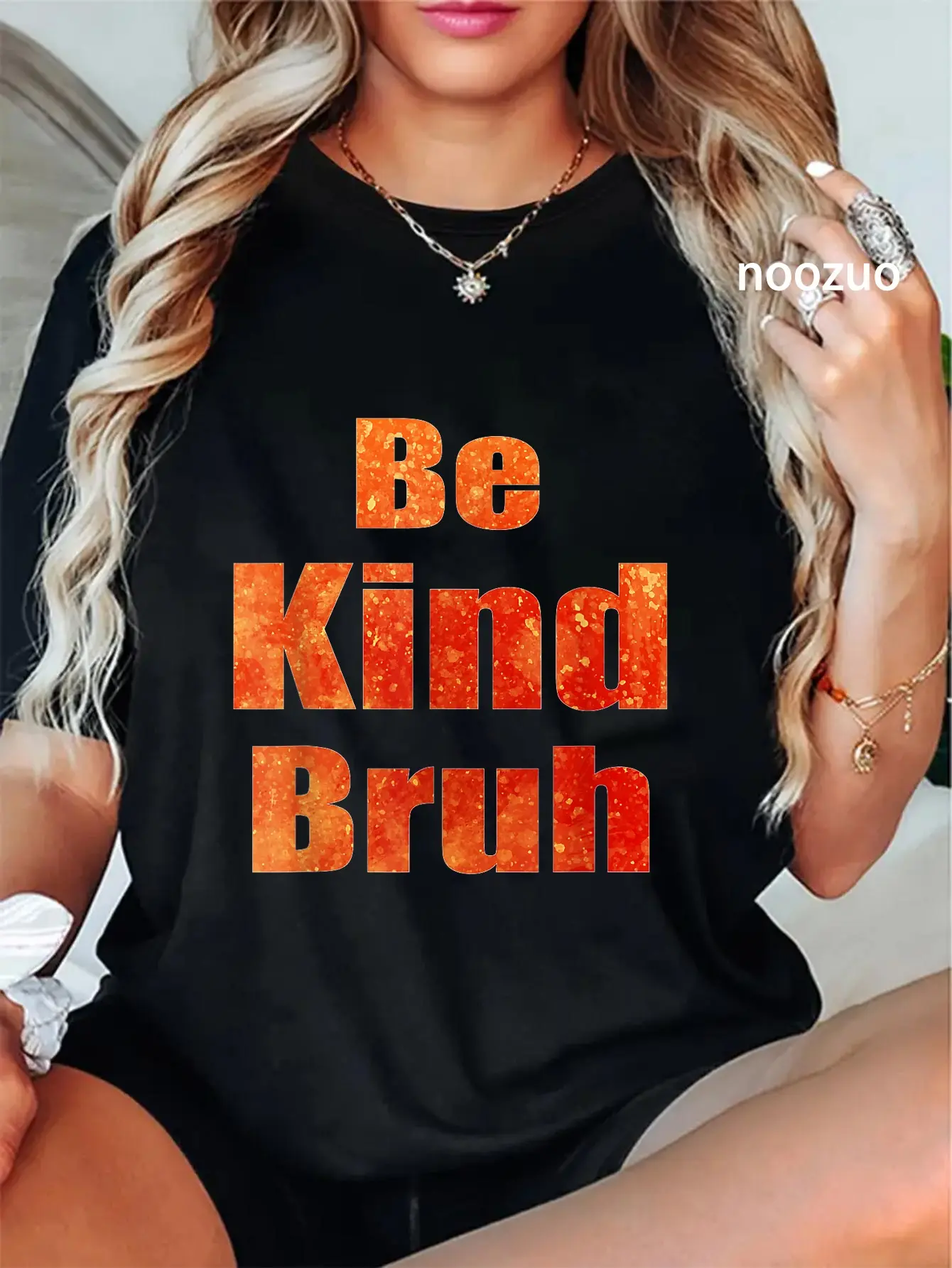 Women's Humorous Graphic Tshirt with 'Be Kind Bruh' Quote - Casual Short Sleeves Streetwear for All Seasons, Large Sizes for Party Wear, Cartoon