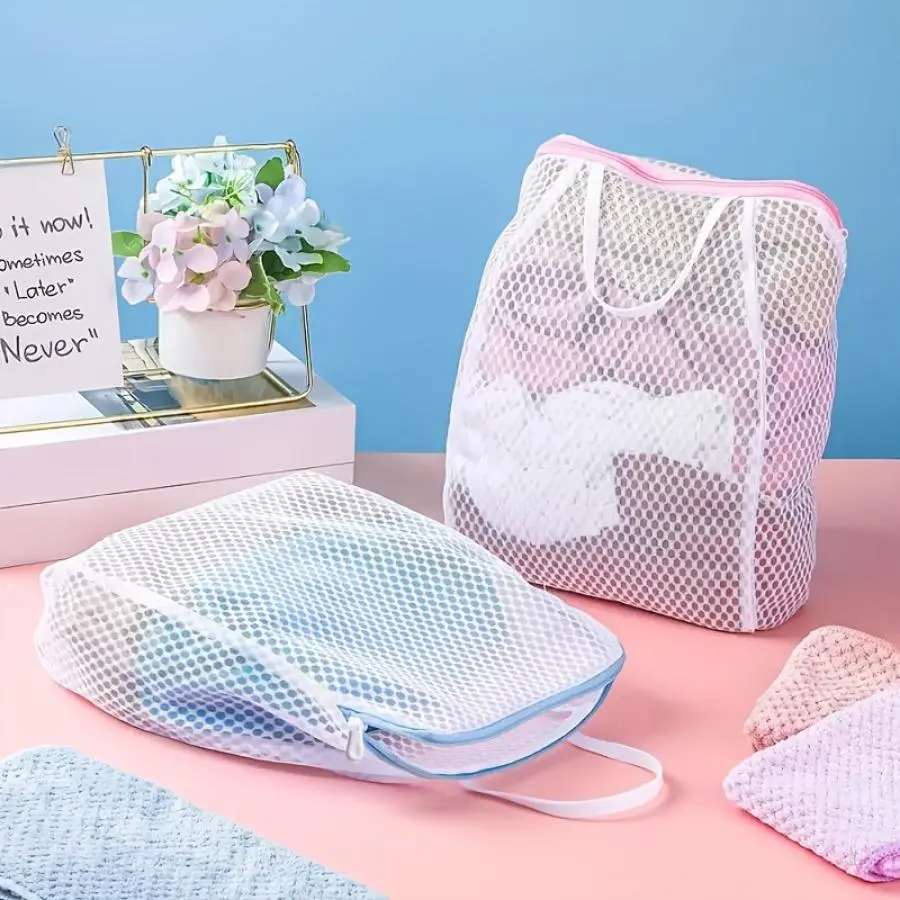 Mesh Laundry Bag with Handle, 2 Counts Durable Polyester Knit Fabric Laundry Bag, Travel-friendly Underwear Garment Bag for Home Dormitory Laundry Room, Laundry Organizer, Laundry Products