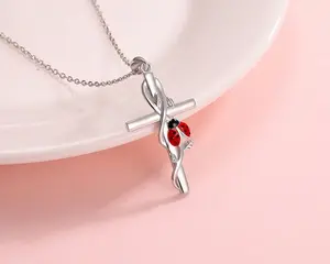 Platinum 925 Sterling Silver Graceful Ladybug Vine Cross Pendant Necklace