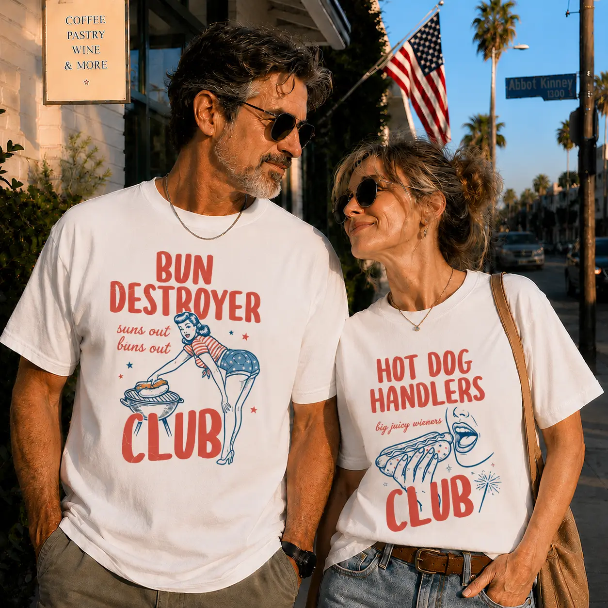 SageSprint Funny Couple Shirts – Retro Patriotic USA Independence Day Graphic Tees for Him & Her, Cute Fireworks Couple Outfit, American Flag Summer Vacation Unisex Shirts