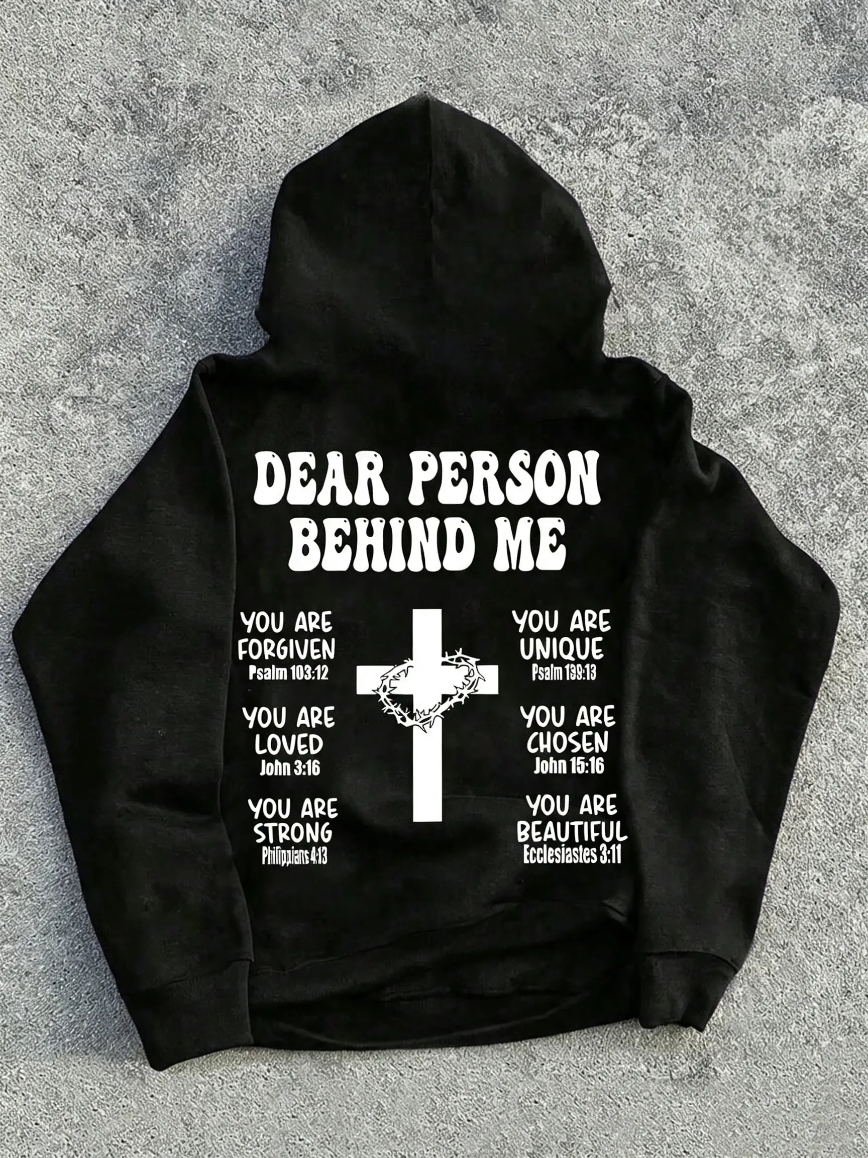 Christian hoodie sweatshirt with a Bible verse print featuring a cross on the back, oversized fit, unisex, American retro casual jumper, "Dear Person Behind Me"