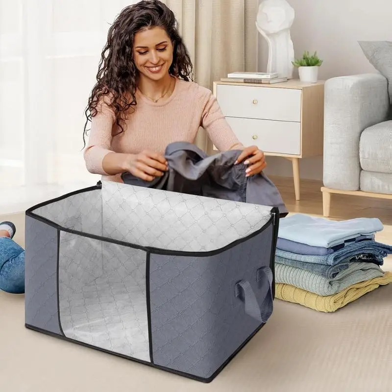 6-Pack Gray Thick Fabric Zippered Quilt Storage Bags - Foldable Household Organizers with Handles, for Protecting Household Goods and Organizing Bedroom Closet Clothing/Comforters, Protect, Zippered Storage Bag